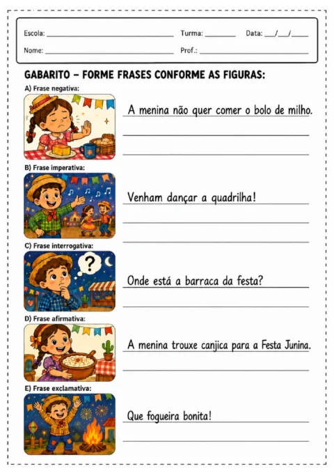 Gabarito com frases sobre festa junina classificadas como negativas, imperativas, interrogativas, afirmativas e exclamativas