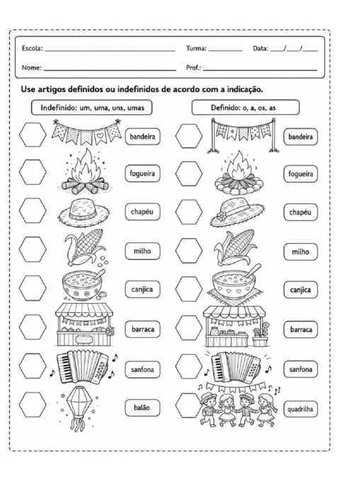 Atividade de artigos definidos e indefinidos com desenhos de bandeira, fogueira, chapéu, milho e outros itens juninos
