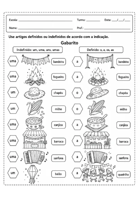 Gabarito de artigos definidos e indefinidos preenchido para palavras e desenhos de festa junina