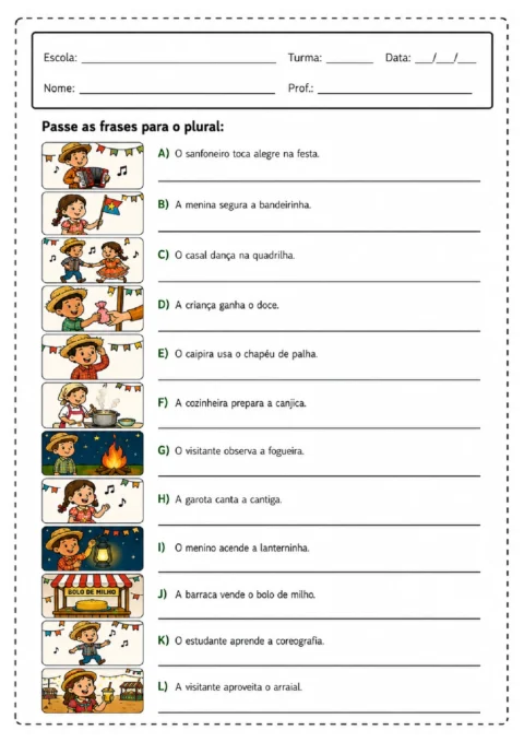Atividade para reescrever no plural frases sobre festa junina, com ilustrações coloridas e linhas para reescrita