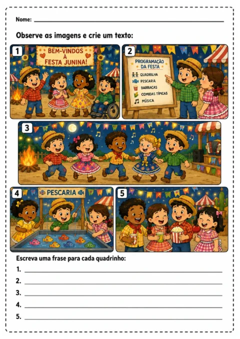 Atividade de produção de texto com cinco cenas sequenciais de uma festa junina