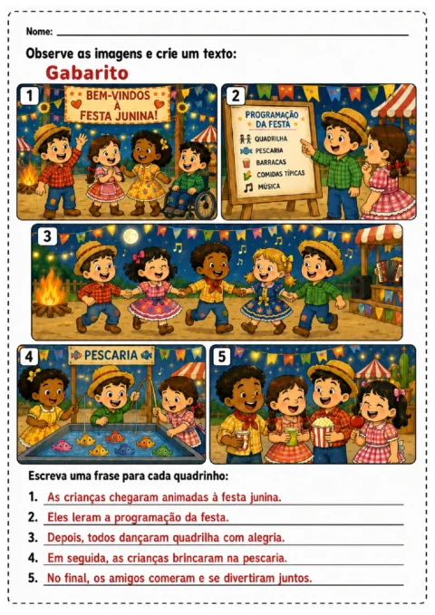 Gabarito de produção de texto com frases para cinco cenas de festa junina