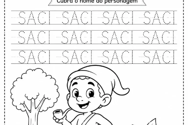 Atividade de folclore brasileiro para cobrir o nome Saci em letras pontilhadas, com desenho do personagem na floresta.