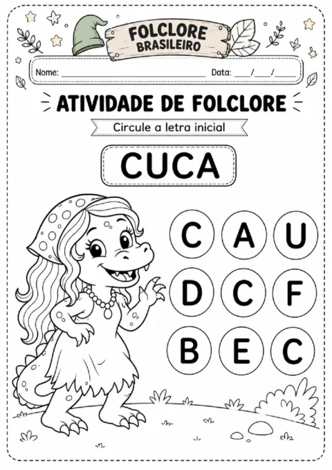 Atividade de folclore para circular a letra inicial da palavra CUCA entre letras em círculos.