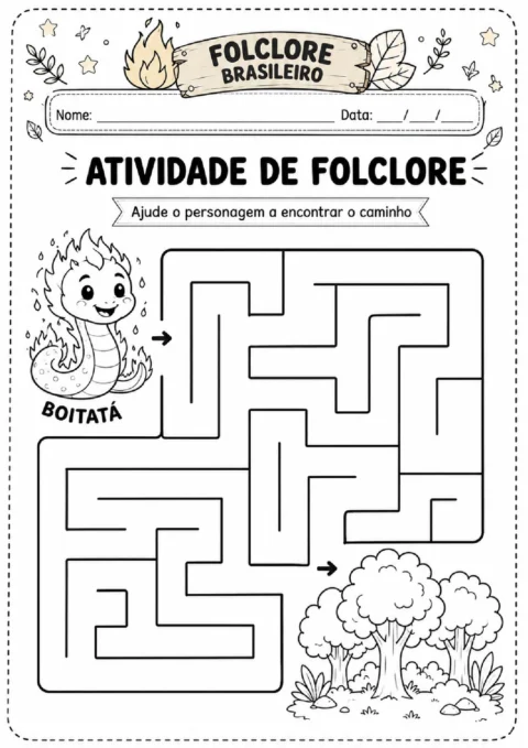 Atividade de folclore com labirinto para ajudar o personagem Boitatá a chegar às árvores.