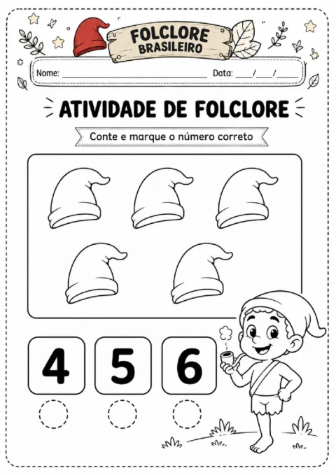 Atividade de folclore para contar cinco gorros e marcar o número correto entre 4, 5 e 6.