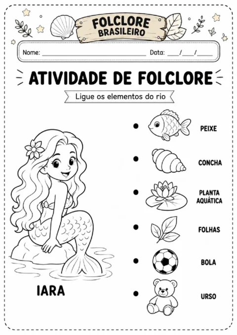 Atividade de folclore para ligar a Iara aos elementos do rio: peixe, concha e planta aquática.