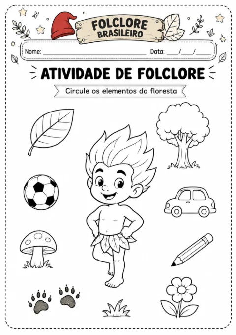 Atividade de folclore para circular elementos da floresta entre desenhos de folha, árvore, cogumelo, flor e objetos.