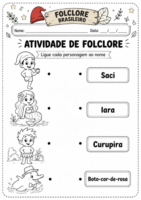 Atividade de folclore brasileiro para ligar Saci, Iara, Curupira e Boto-cor-de-rosa aos respectivos nomes.