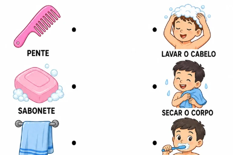 Atividade de ligar objetos de higiene aos cuidados com os cabelos, o corpo e os dentes