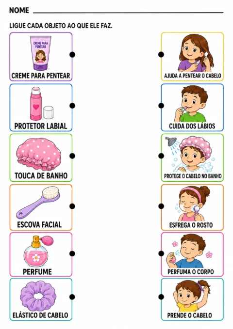 Atividade para ligar itens de higiene e beleza às ações correspondentes, como pentear e perfumar