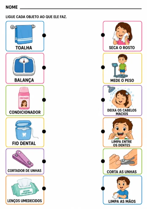 Atividade para ligar itens de higiene às ações correspondentes, como secar o rosto e cortar as unhas