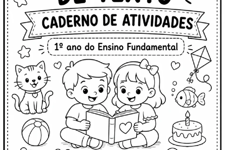 Capa de caderno de atividades de interpretação de texto para o 1º ano, com crianças lendo