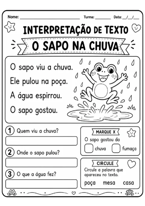 Atividade de interpretação do texto "O Sapo na Chuva", com perguntas, opções e desenho de um sapo pulando em uma poça