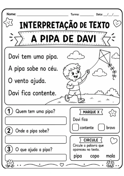 Atividade de interpretação do texto "A Pipa de Davi", com perguntas, opções e desenho de um menino soltando pipa