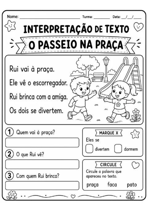 Atividade de interpretação do texto "O Passeio na Praça", com perguntas, opções e crianças perto de um escorregador