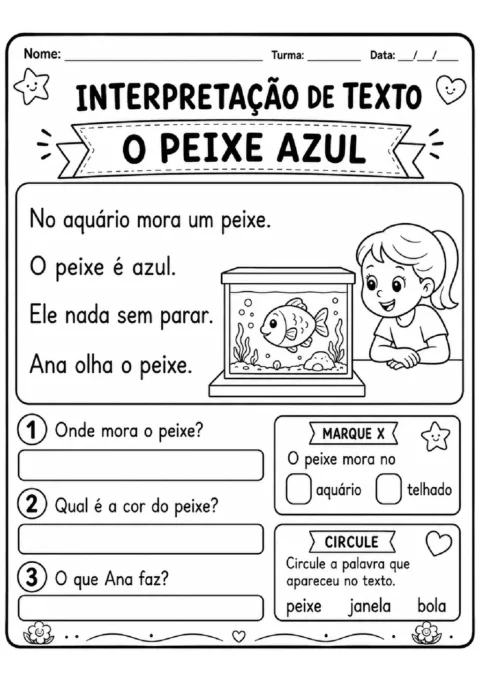 Atividade de interpretação do texto "O Peixe Azul", com perguntas, opções e desenho de uma menina observando um peixe no aquário