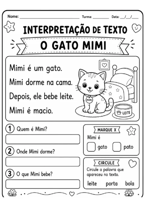 Atividade de interpretação do texto "O Gato Mimi", com perguntas, opções para marcar e palavras para circular