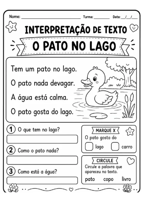 Atividade de interpretação do texto "O Pato no Lago", com perguntas, opções para marcar e palavras para circular