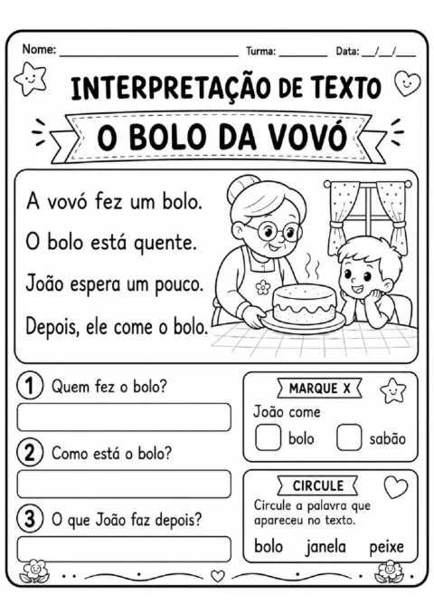 Atividade de interpretação do texto "O Bolo da Vovó", com perguntas, opções para marcar e palavras para circular
