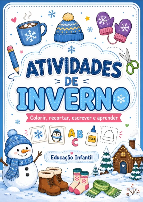 Capa colorida de atividades de inverno com boneco de neve, roupas quentes e título em destaque