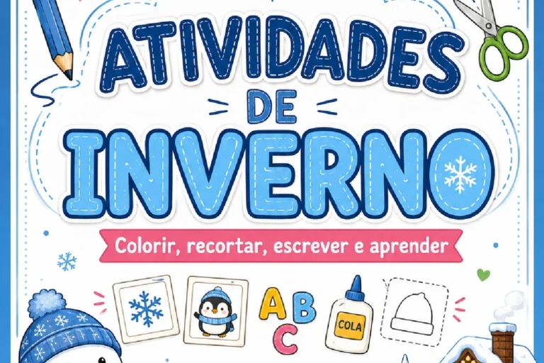 Capa colorida de atividades de inverno com boneco de neve, roupas quentes e título em destaque