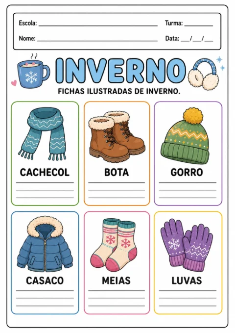Ficha colorida de inverno com cachecol, bota, gorro, casaco, meias e luvas para escrever