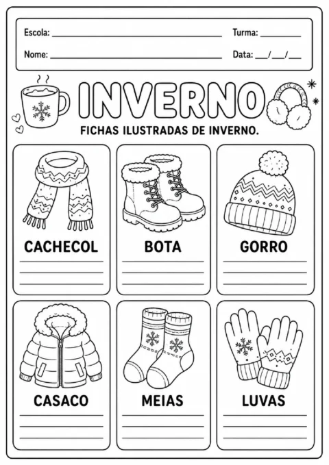 Ficha em preto e branco com desenhos de roupas de inverno e linhas para registrar os nomes