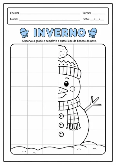 Atividade com grade para completar o outro lado de um boneco de neve usando simetria