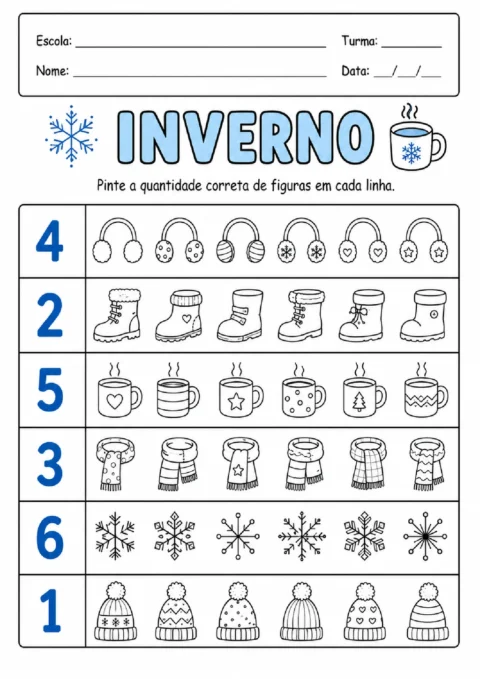 Atividade de inverno para pintar a quantidade de figuras indicada em cada linha