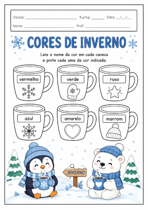 Atividade Cores de Inverno para ler nomes de cores e pintar canecas conforme a indicação