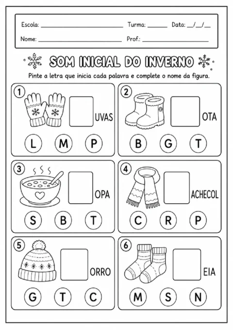 Atividade de som inicial do inverno para completar palavras com a letra correta
