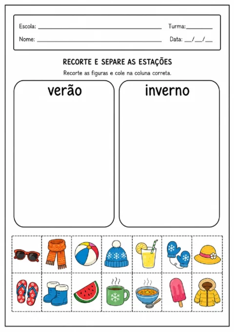 Atividade para recortar figuras de verão e inverno e colá-las nas colunas correspondentes