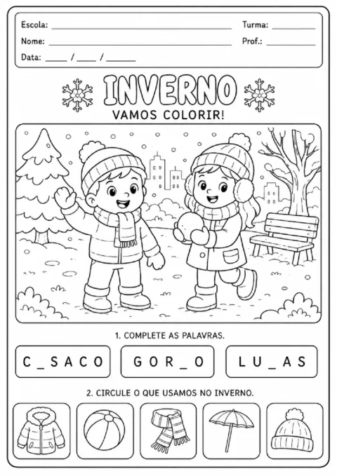 Cena de inverno para colorir, completar palavras e circular os itens usados nessa estação