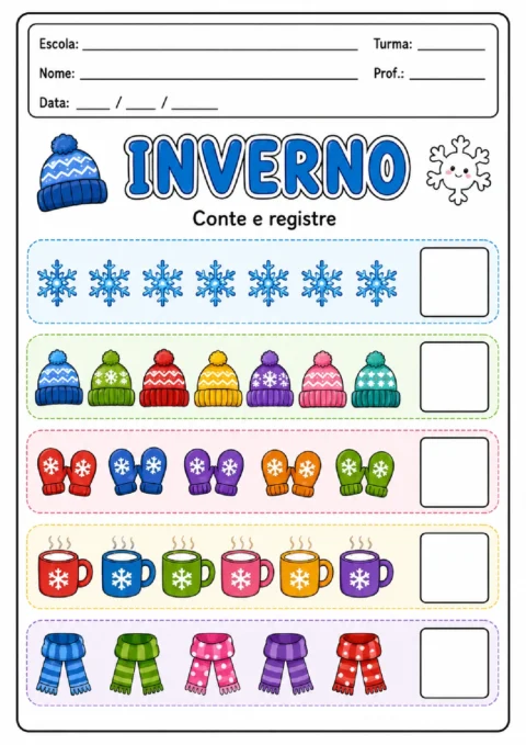 Atividade de inverno para contar grupos de flocos, gorros, luvas, canecas e cachecóis e registrar quantidades