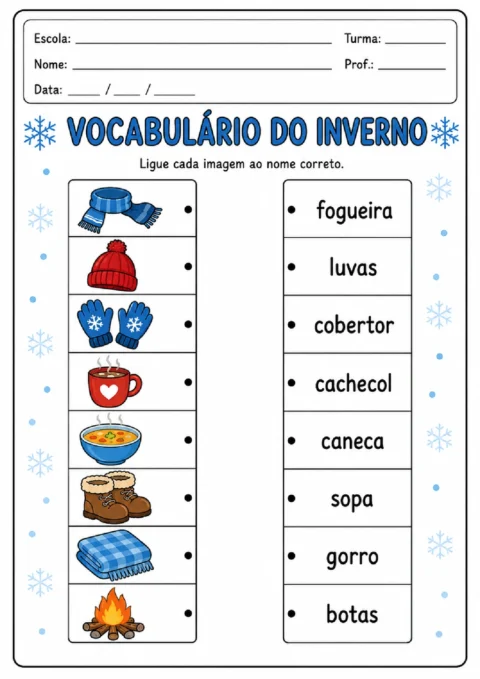 Atividade de vocabulário do inverno para ligar roupas e alimentos aos nomes corretos