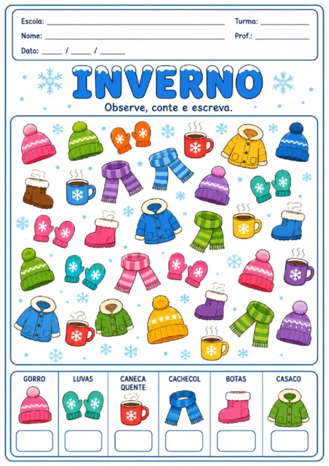 Atividade sobre inverno com roupas coloridas para observar e registrar quantidades por categoria