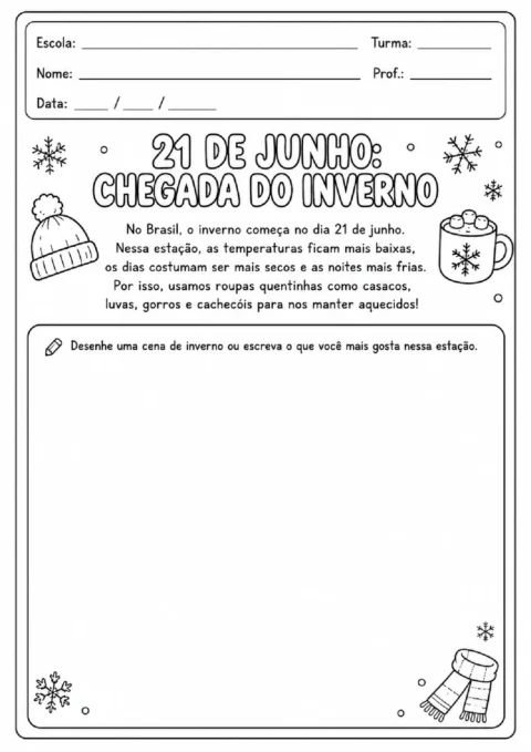 Atividade sobre a chegada do inverno em 21 de junho para desenhar ou escrever sobre a estação