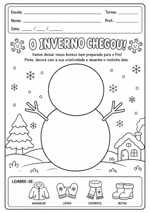 Atividade para colorir e completar um boneco de neve com roupas adequadas para o frio