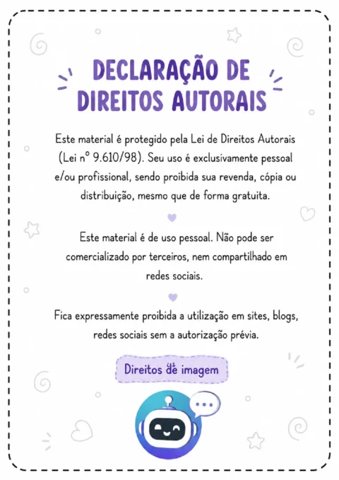 Declaração de direitos autorais com regras de uso pessoal, proibição de revenda e compartilhamento em redes sociais