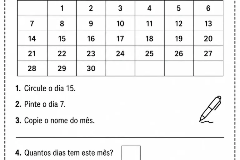 Atividade com calendário de setembro para circular, pintar dias e registrar datas