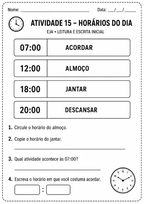 Atividade sobre horários do dia com tabela de acordar, almoçar, jantar e descansar