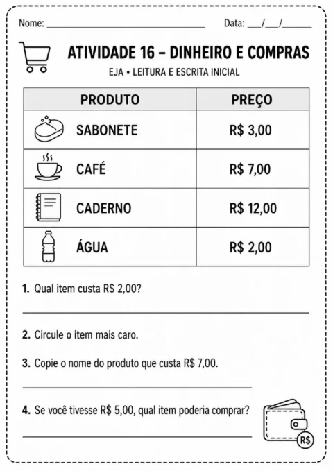 Atividade sobre dinheiro e compras com tabela de produtos e preços em reais