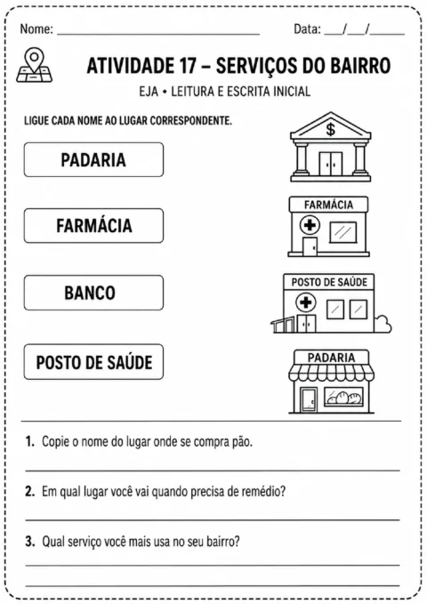 Atividade para ligar serviços do bairro às ilustrações de banco, farmácia, posto de saúde e padaria