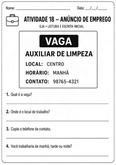 Atividade de leitura de anúncio de emprego para vaga de auxiliar de limpeza no centro