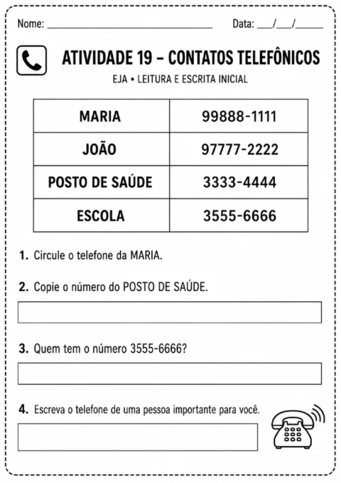 Atividade de leitura com tabela de contatos telefônicos para circular, copiar e responder