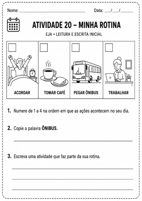 Atividade sobre rotina diária para ordenar as ações acordar, tomar café, pegar ônibus e trabalhar
