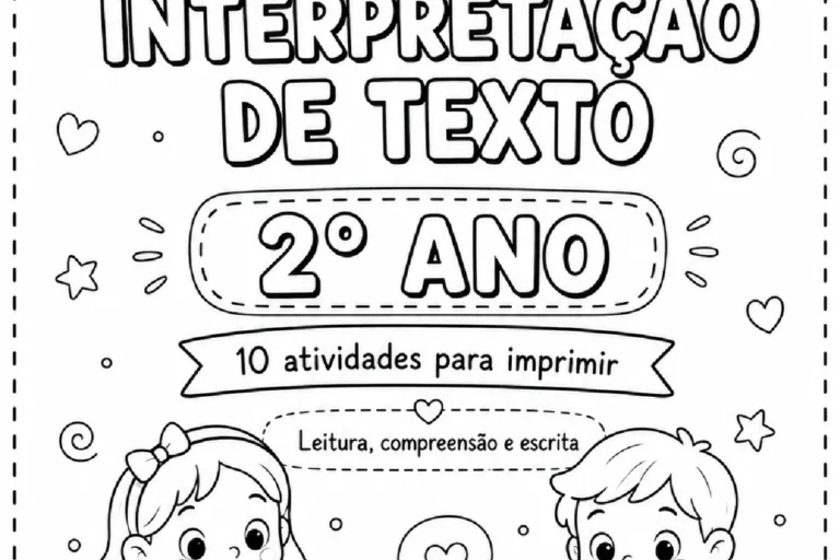 Capa de atividades de interpretação de texto para o 2º ano, com crianças lendo e escrevendo