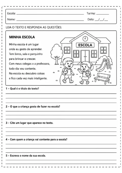 Atividade de leitura sobre a escola, com ilustração de crianças no pátio e cinco perguntas de compreensão