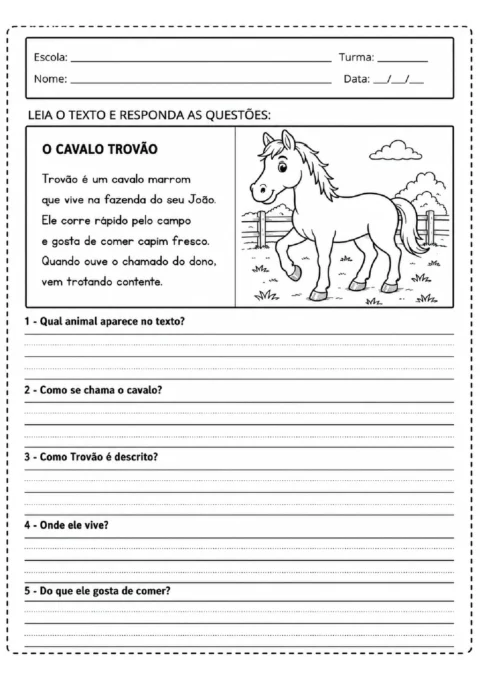 Atividade de leitura sobre o cavalo Trovão, ilustrado em um campo, com cinco perguntas de compreensão